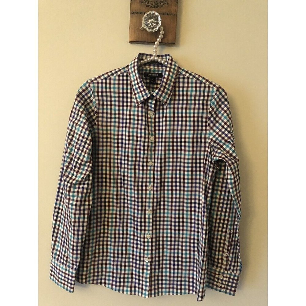 Lands End Womens Size 4 Gingham Check Blouse Multicolor Long Sleeve No Iron